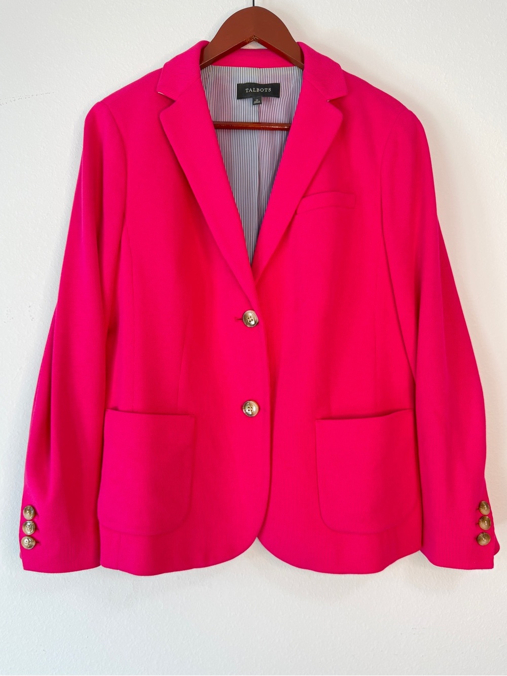 Talbots Hot Pink Ribbed Knit Blazer Jacket Women 12 Preppy Office Career Pockets